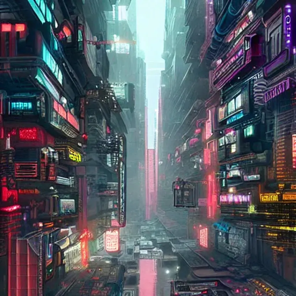 Prompt: a highly detailed matte painting of cyberpunk city streets, featured on Artstation