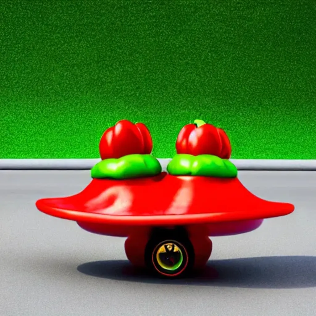 Prompt: Two race cars of anthropomorphic hot chilis peppers, one red and one green, skateboarding| Giant Cosmic mushroom  | cute girl | in the style of Magritte  | perfect exposure | soft muted colors | 3d render | octane lighting | dream fantasy | centered | octane render artstation trending 8k ultra-detailed  | golden ratio | Disney Pixar Dreamworks 