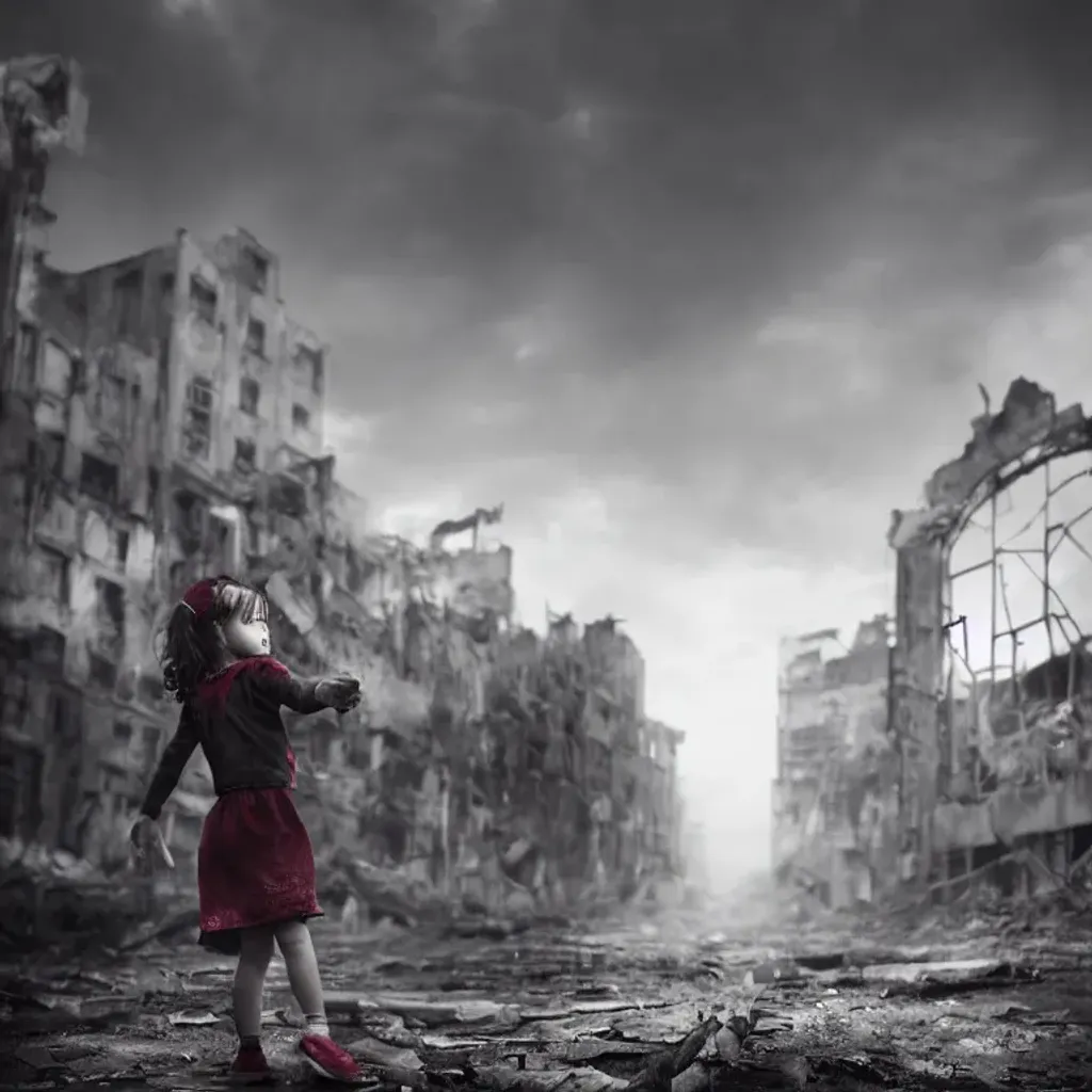 Prompt: dystopian wasteland, color splash little girl wearing red, grayscale background of ruined buildings, 64k, hyper-realistic, cinematic lighting, bokeh