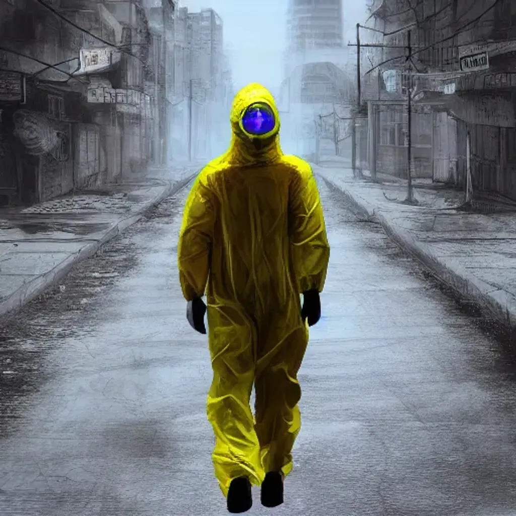 Prompt: A man wearing a hazmat suit, walking down a road of a post apocalyptic city, digital art