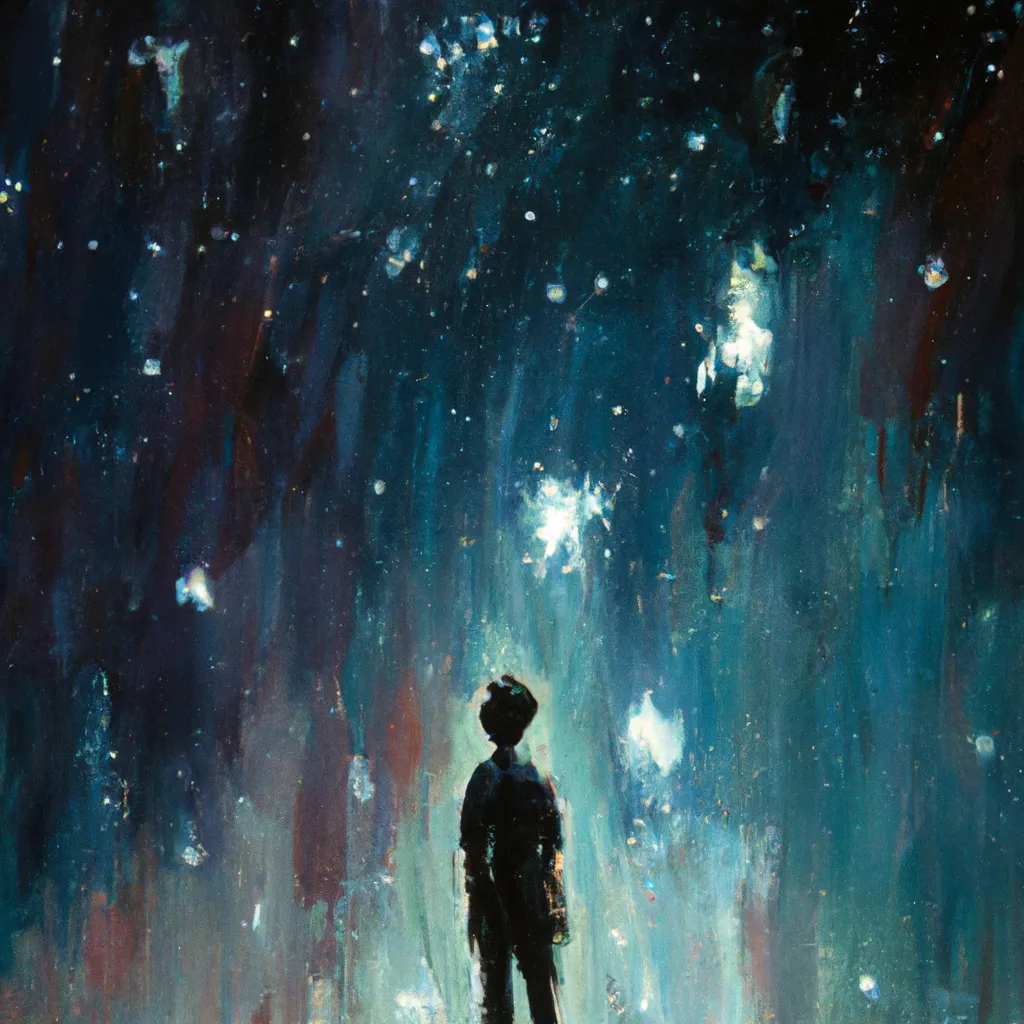 Prompt: a painting of a person standing in front of a sky full of stars, a detailed painting by Makoto Shinkai, deviantart, space art, sense of awe, apocalypse art, deviantart