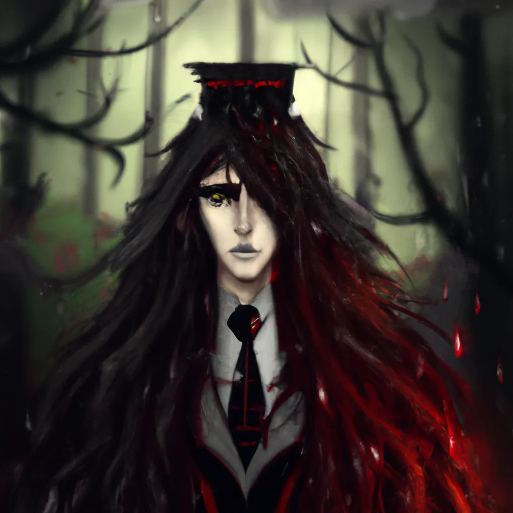 Prompt: A digital portrait of steampunk gothic vampire with long hair and red eyes, beautiful face, and a long black cape, with a dark rainy forest on the background, high quality illustration