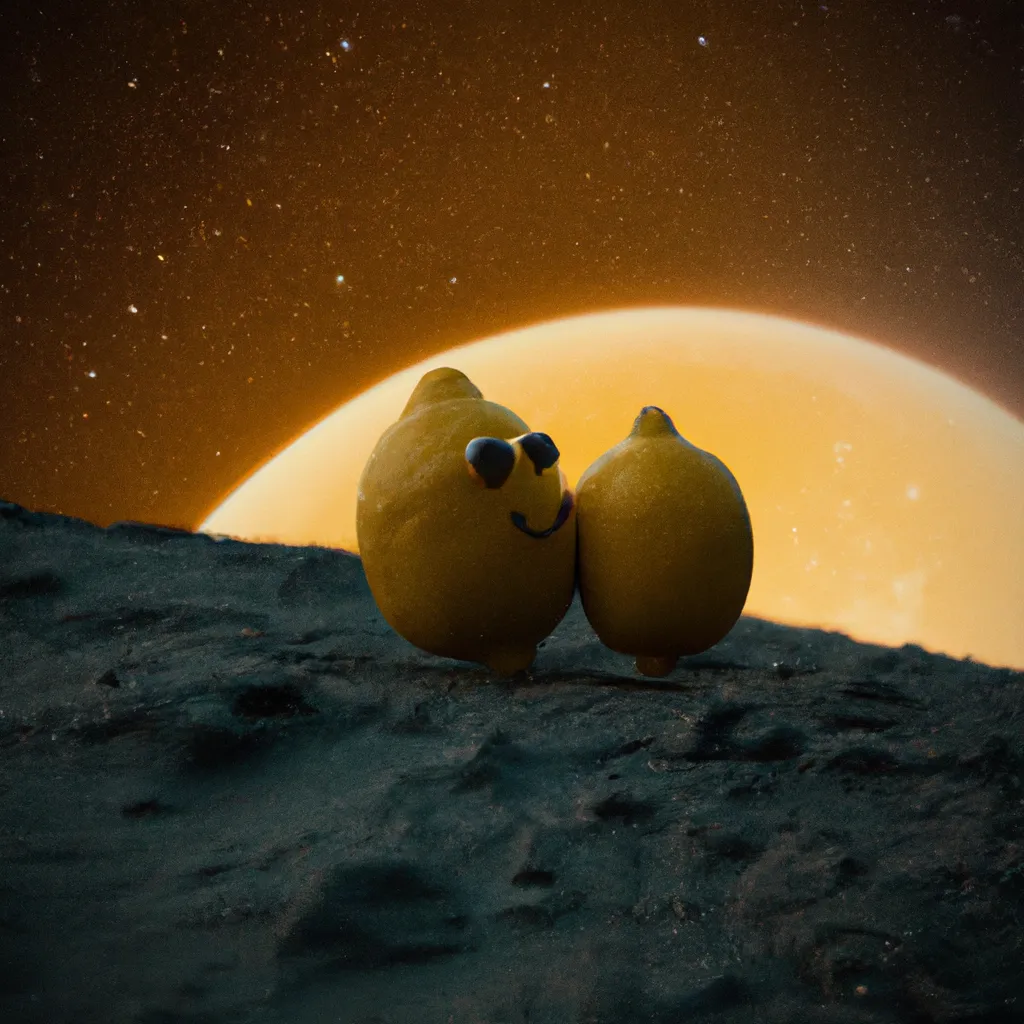 Prompt: 2 little cute lemons hugging each other, on the planet mars, vibe, clear dark sky, cosmic, smile, cinematic lighting, award winning photo, hyper realistic, panorama, abandoned planet, discovery, but the moon is also a lemon