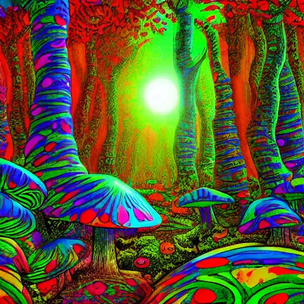 Prompt: Psychedelic mushroom  forest 4K ,sticker ,digital