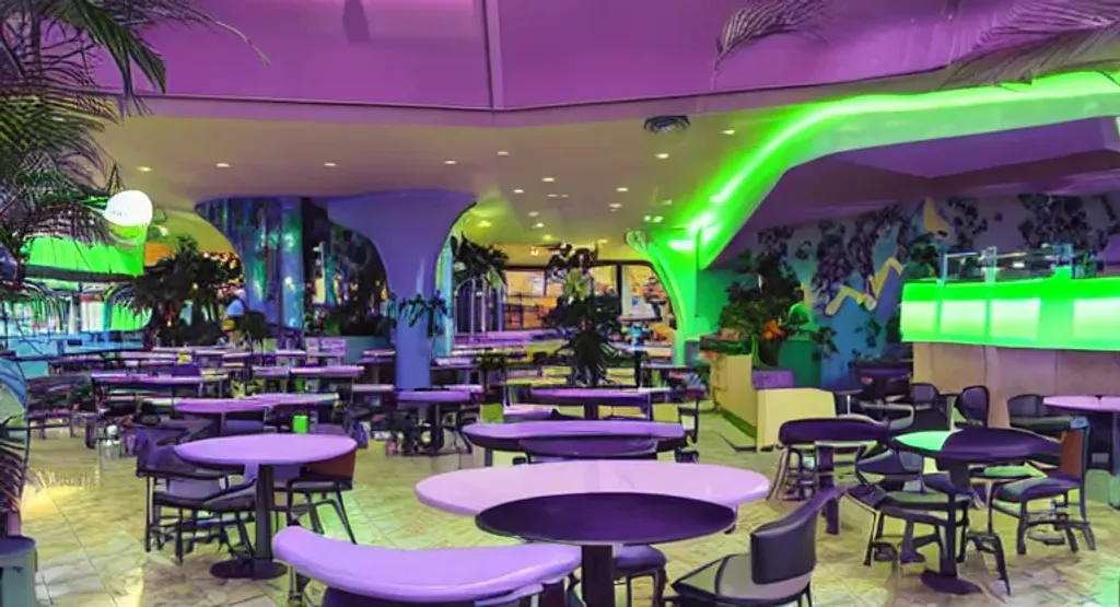 Prompt: retro 80's vaporwave aesthetic mall foodcourt with black and white tiles, green and purple neon lights, a central fountain, palm trees, and restaurant seating, ultra detailed, fuji film, nostalgic aesthetic