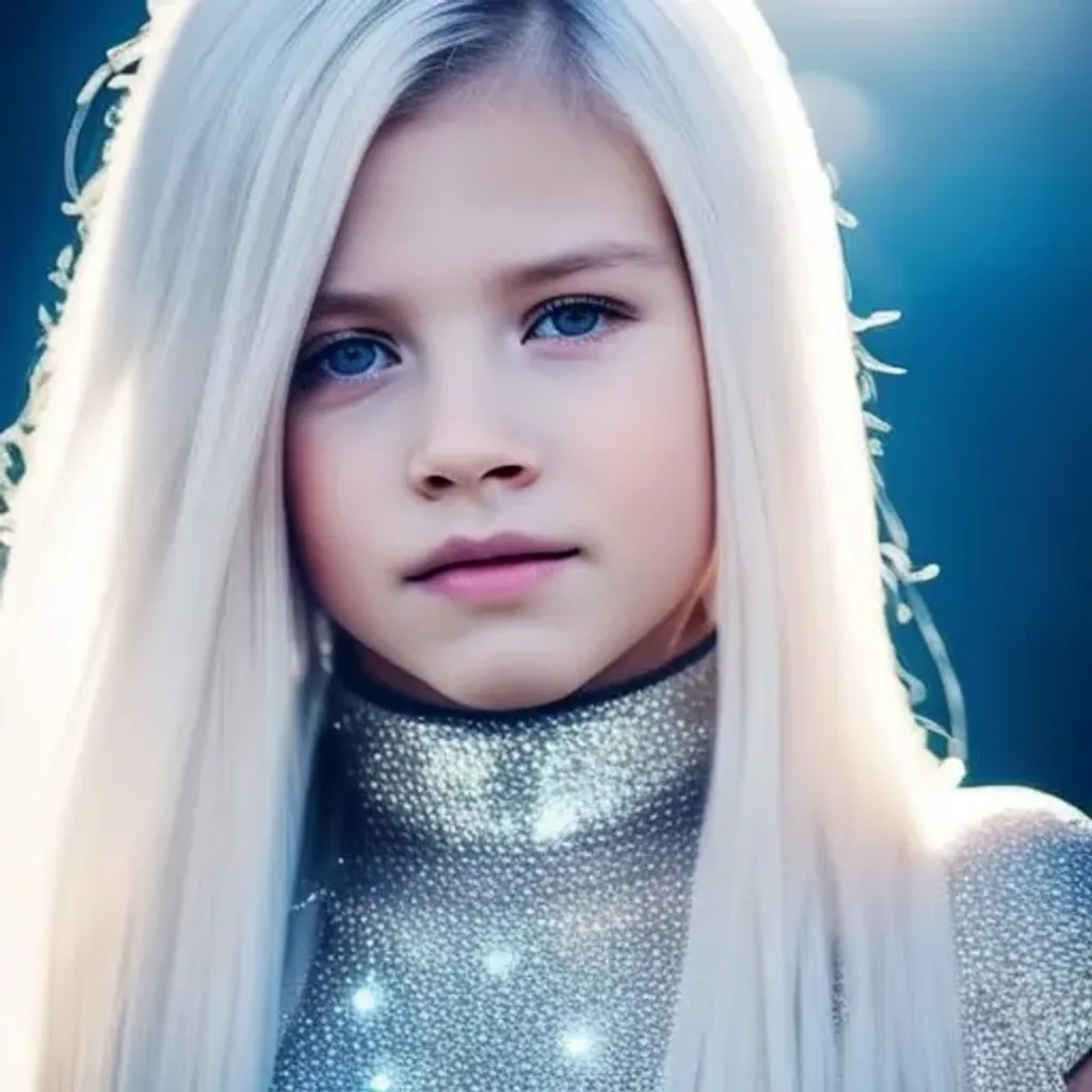 Prompt: cute beautiful child girl from another civilization and race, dressed in beautiful soft transparent silver clothing with geometric symbols, White eyes, white hair, white skin, closeup portrait with soft light bokeh, standing on the spaceship, beautiful intricate {soft hair}, anime wide blue eyes, natural color of lips, symmetrical face, soft lighting, {deep blue eyes with ultra details}, {deep blue eyes with light reflections}, A very small mouth, a kind smile, a sparkle in the eyes, {{{ultra high blue eyes render details}}}, ultra-realistic, {smooth soft skin}, sharp eyes, cute smile, {eyes with reflection}, bright soft light from the behind, {5 fingers with ultra high details and render quality}, Multidimensional reality, parallel world