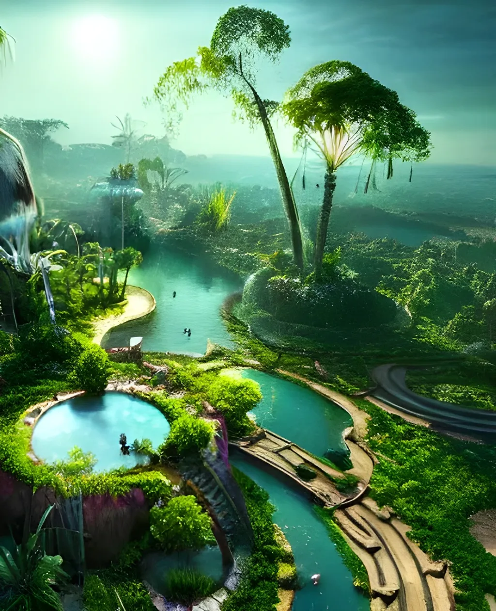 Prompt: Hyperrealistic Garden of Paradise, the last remaining nature area in the virus-spread decaying world, helicopter view, digital art, 3D, blender and unreal engine 5 rendered, Rays of Shimmering Light, Cinematic Lighting, Ray Tracing Reflections, insanely detailed, trending in artstation, Cinematic, Colorful, ornate