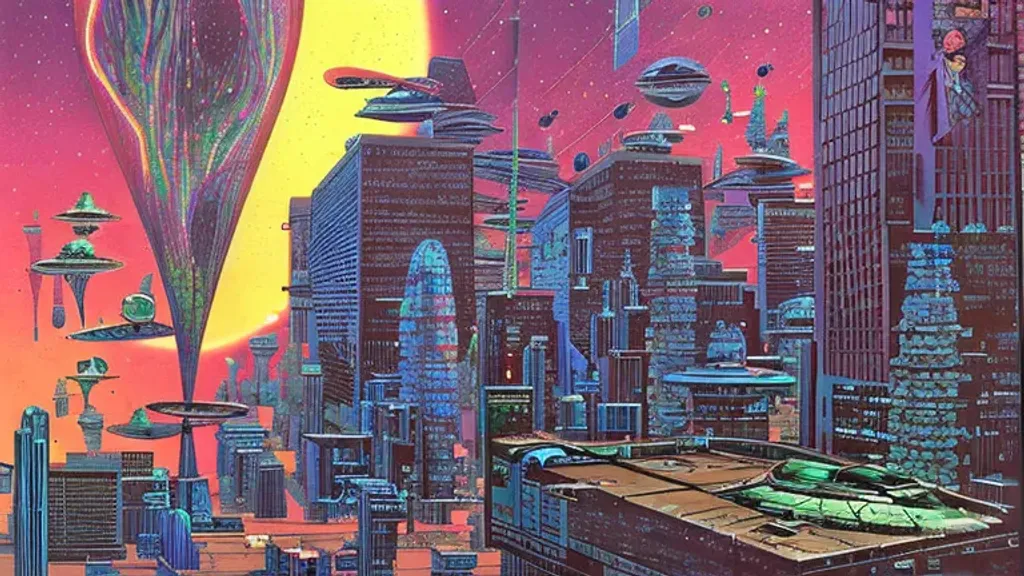 Prompt: downtown a distant galaxy by dan seagrave art and Moebius, space dust, small spaceship