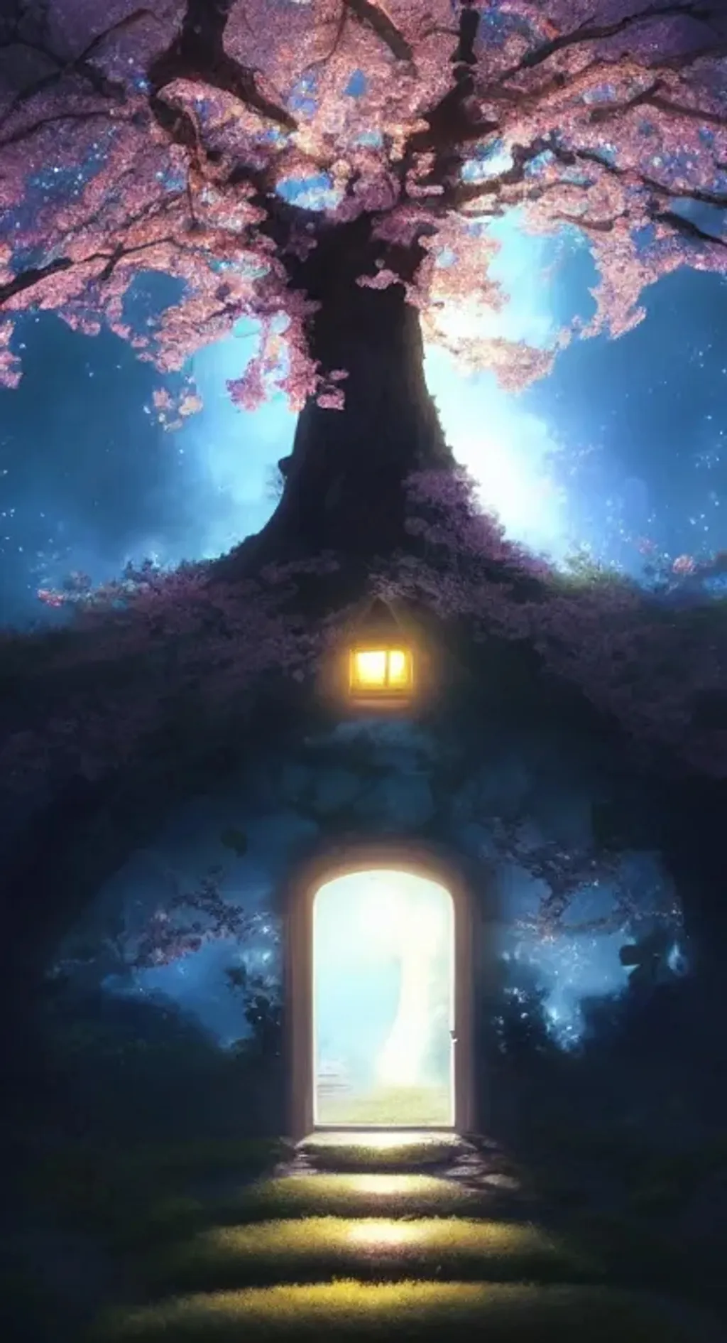 Prompt: an sakura tree with a magical door, a luminescent path with fireflies leads to the door, majestic, giant, night-time, night sky with stars, digital art, art by Jessica Rossier, art by Stephan Martiniere, art by Caspar David Friedrich, Trending on ArtStation, unreal engine