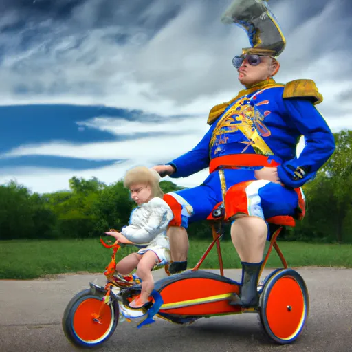 Prompt: Adult Napoleon Bonaparte riding a giant, toddler's tricycle, outside, realistic, hyperrealistic, photorealistic, cinematic