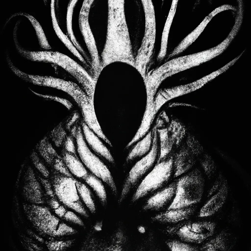 Prompt: black and white picture made of paper texture of Ominous horror creature in the dark, digital art in the style of h r giger created at contemporary in high resolution, with feeling of gothic horror dark gloomy scared fright fear disgust 

