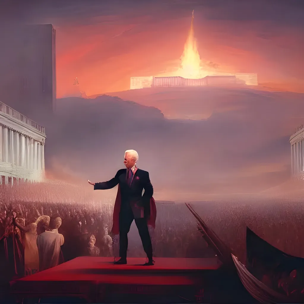 Prompt: Joe Biden as Nero the Roman Emperor playing a guitar, the DC White House on fire and exploding in the background, red sunset, red mist and smoke, very high details by william turner art, very high details by Frank Frazetta art, boris vallejo and, alex Ross, 8 k, sharp. cinematic post - processing. unreal engine