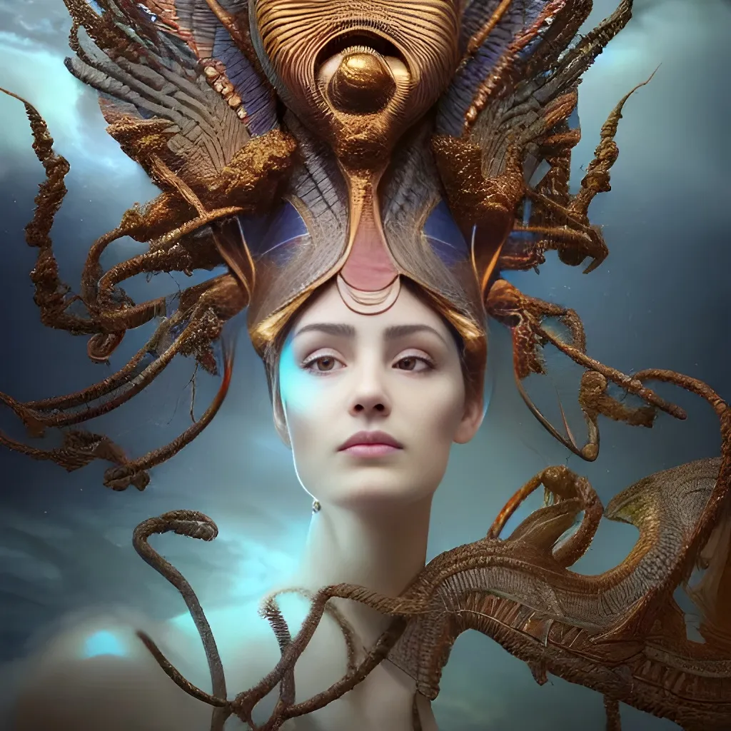 Prompt: beautiful detailed cgi matte painting Egyptian God of the andromeda, by ellen jewett, alessio albi | symmetrical features, ominous, alluring, vivacious, realism, intricate, ornate, royally decorated, organic, growth, whirling nebulas, glowing particles, colorful adornments, colorful torn fabric, radiant colors