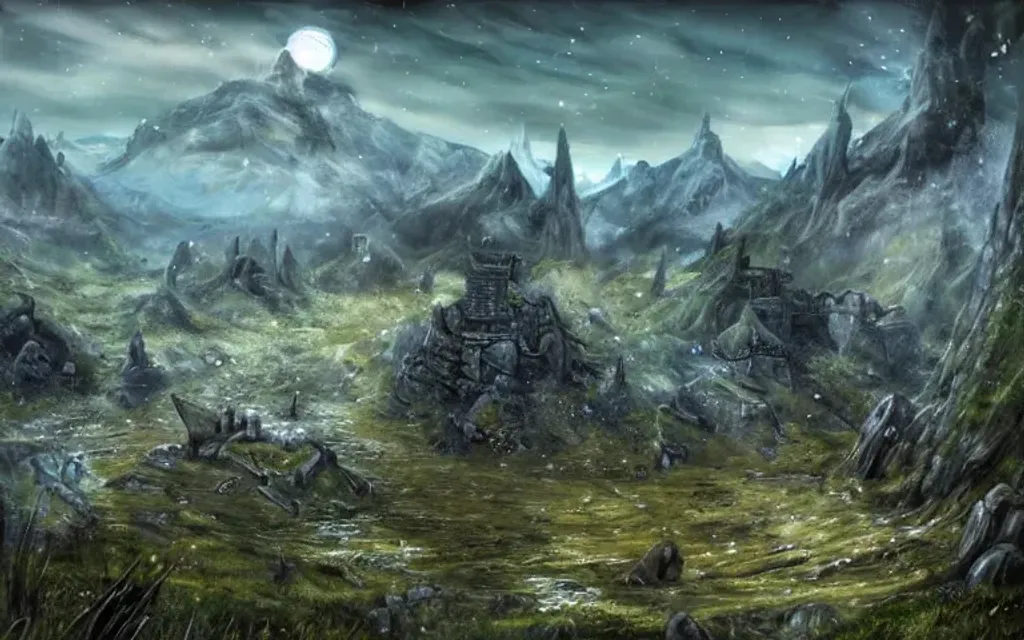 Prompt: landscape, video games, elder scrolls, skyrim, whiterun, morrowind, blades, swords, fantasy, dragons, mountains, fields, trees, retro, tall trees, river, water, color blue, color green, ariel view, blue sky, bright blue, bright green, battle, warriors, mages, wizards, witches, orcs, trolls, fantasy city in the distance, day time, bright, 80s dark fantasy film, 80s dark medieval film, 80s fantasy film