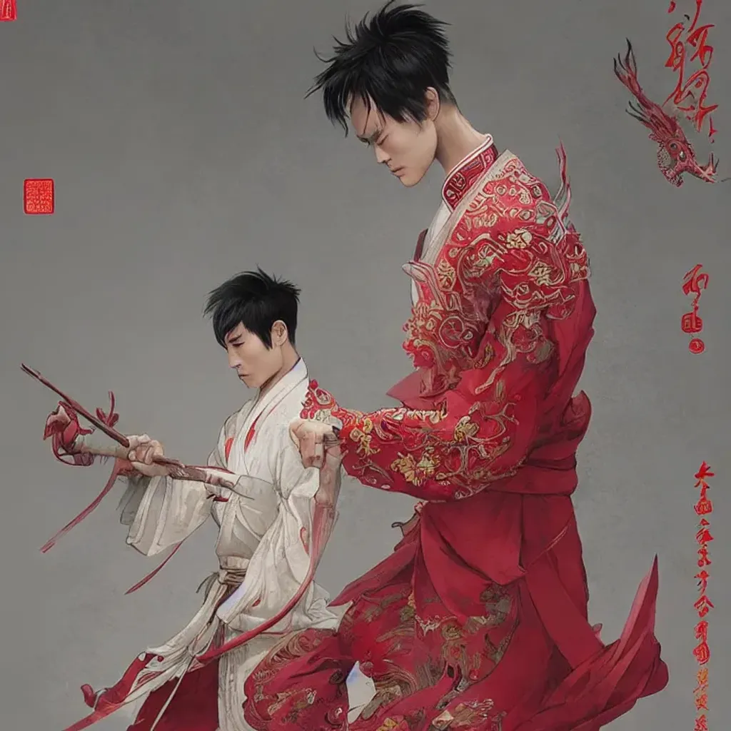 Prompt: a handsome chinese young man with danfeng eyes, fair complexion, straight nose, thin lips, delicate eyebrows, handsome and elegant, always wears a set of hanfu embroidered with red dragons, xianxia, wuxia, conrad roset, greg rutkowski, flume cover art, intricate detail