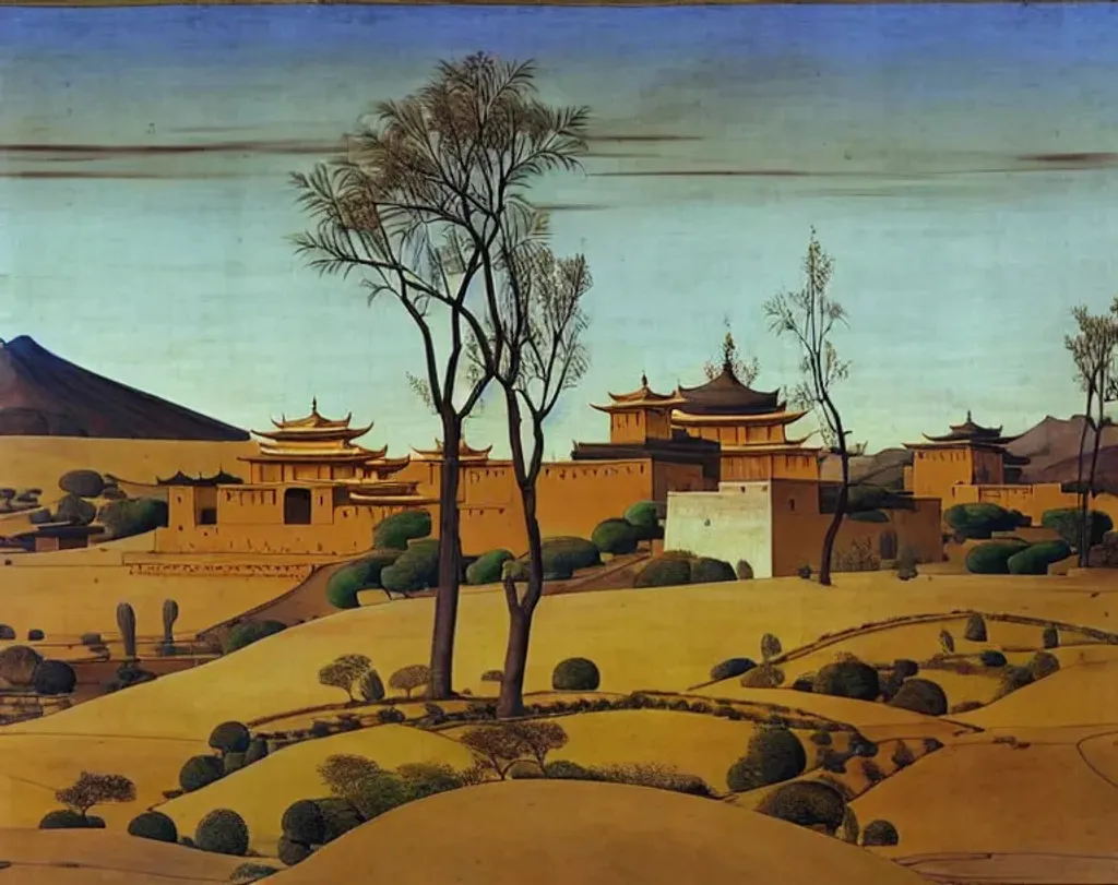 Prompt: asian landscape, desert, town buildings, bushes, trees, mongolian painting, mughal painting, antonio pisanello, vittore carpaccio, quantum tracing, composition is covered with smallest distinct looping lines, interlaced, oxide texture, turtle shell texture, snakeskin texture, obsidian texture, extremely finest linear surface texture, textured, soft diffused light, sharp focus, extremely detailed, fantasy, intricate, 8k, beautiful, dynamic lighting, crisp quality, hdr, VRay, orderly, Meticulous, intricate details.