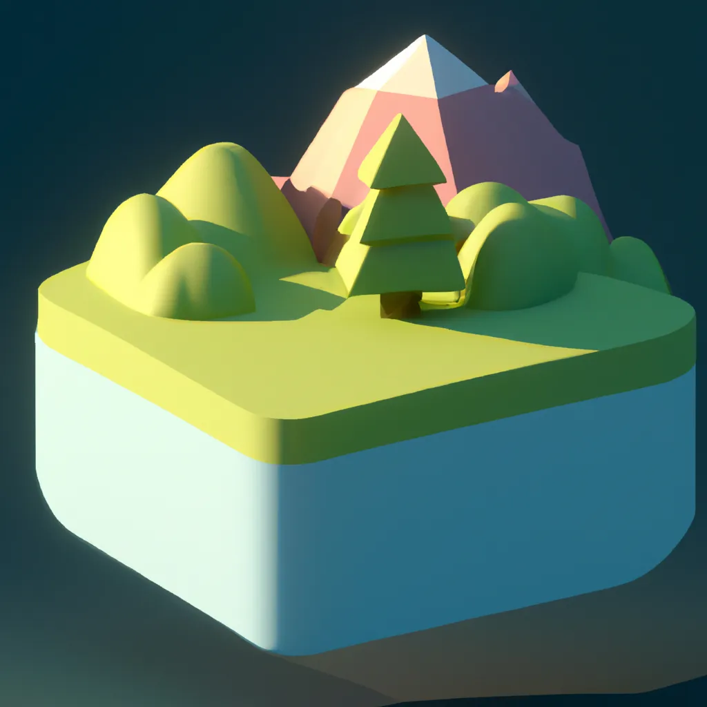 Prompt: a 3d render of a low poly cube of a isometric landscape
