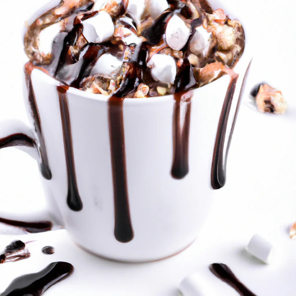 Prompt: Commercial photography of hot chocolate swiss miss with marshmallow toppings and drizzle with chocolate syrup 