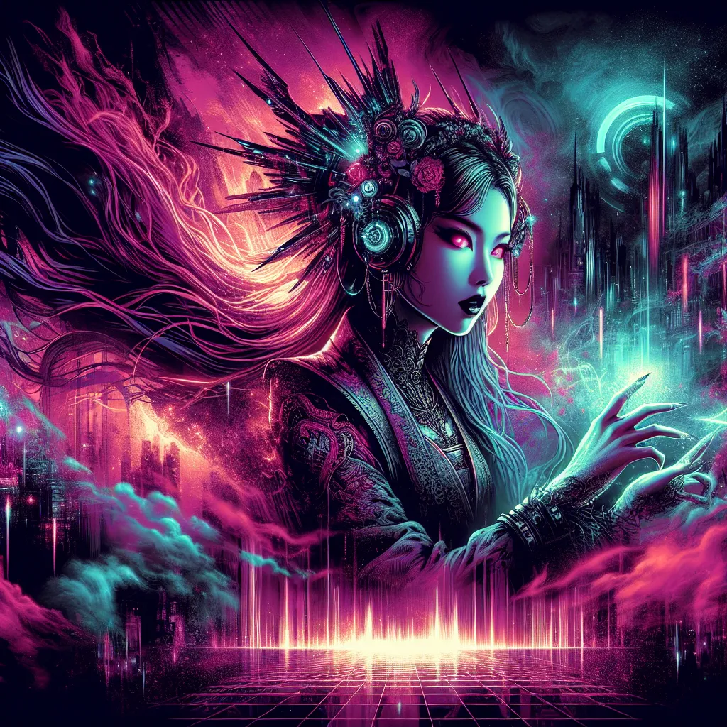 Prompt: Beautiful female succubus demonic figure in a gothic vaporwave setting, dynamic pose, beauty, neon lights casting a dramatic glow, retro aesthetic, high definition, dramatic lighting, demonic, high quality, liminal, vivid colors, detailed features, atmospheric, haunting vibe, surreal, retro-futuristic, intense gaze, otherworldly, dark and unsettling, eerie