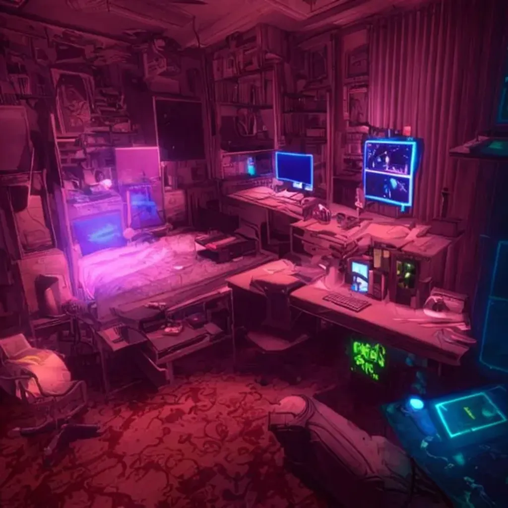 Prompt: bioshock's rapture in neons in a fort frolic, bedroom apartment with a bed and a desktop workspace with 3 monitors