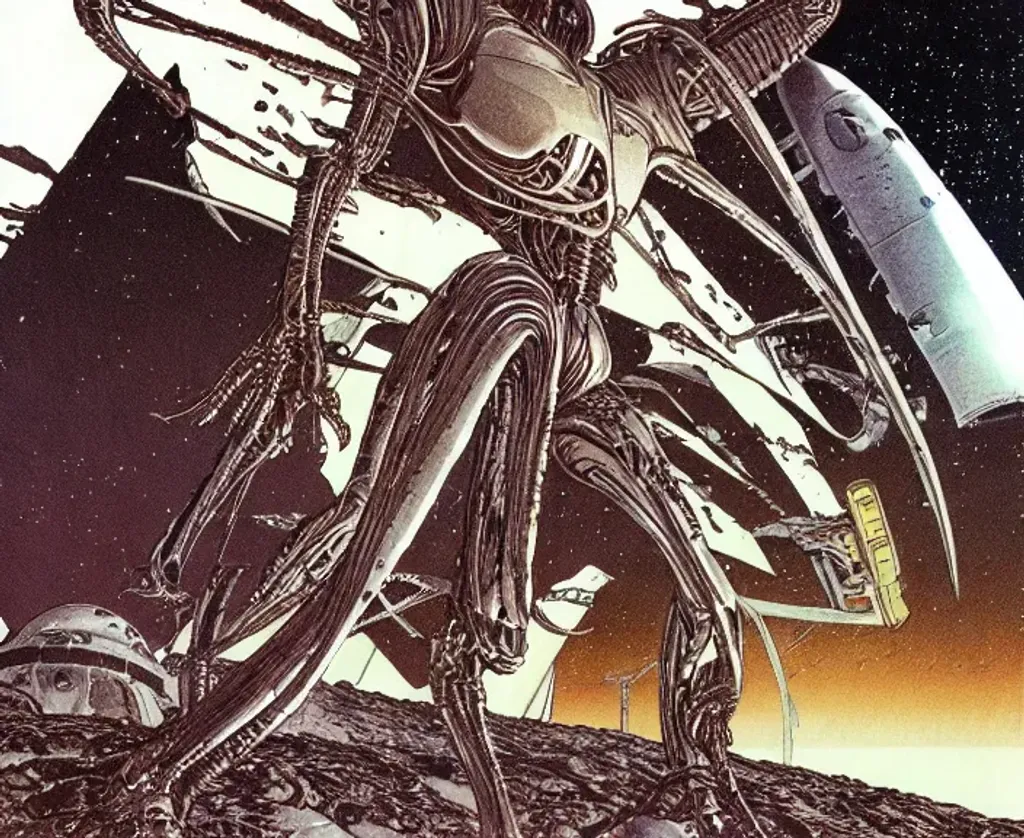 Prompt: Man with long dark brown hair standing wearing battlesuit in alien dessert next to destroyed alien craft, by Makoto Kobayashi, by Moebius, by Jean Giraud, manga, anime style, 80's, Intricate, Hand drawn, concept art, grainy color, dim lighting, Anime Key Visual, beautiful composition