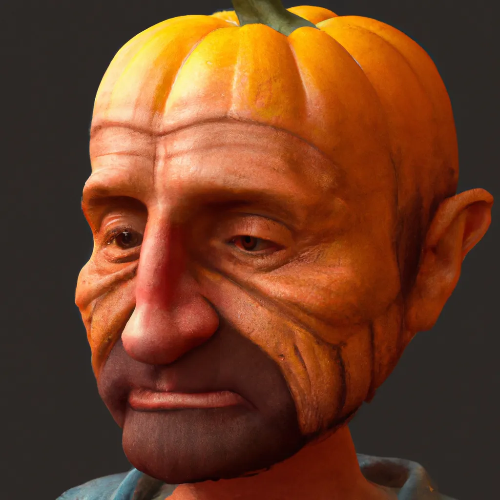 Prompt: a pumpkin with a man's face painted on it, a character portrait by Victor Nizovtsev, trending on zbrush central, realism, sketchfab, zbrush, detailed painting