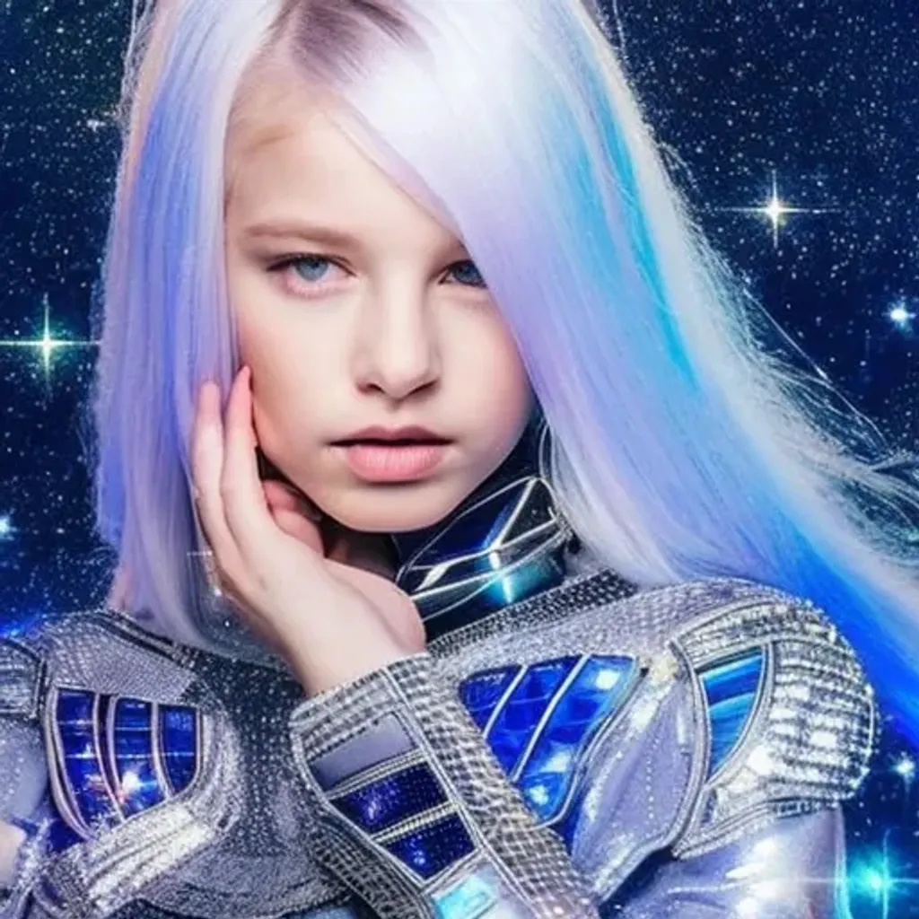 Prompt: cute beautiful {russian} child girl from another civilization and race, dressed in beautiful soft transparent silver clothing with geometric symbols, standing on the spaceship, Multidimensional reality, parallel world, closeup portrait with soft light bokeh, , beautiful intricate {white and soft blue hair}, natural color of lips, symmetrical face, anime wide blue eyes, soft lighting, {deep blue eyes with ultra details}, {deep blue eyes with light reflections}, {{{ultra high blue eyes render details}}}, ultra-realistic soft lighting, {smooth soft skin}, sharp eyes, cute smile, {eyes with reflection}, bright soft light from the behind, {5 fingers with ultra high details and render quality}