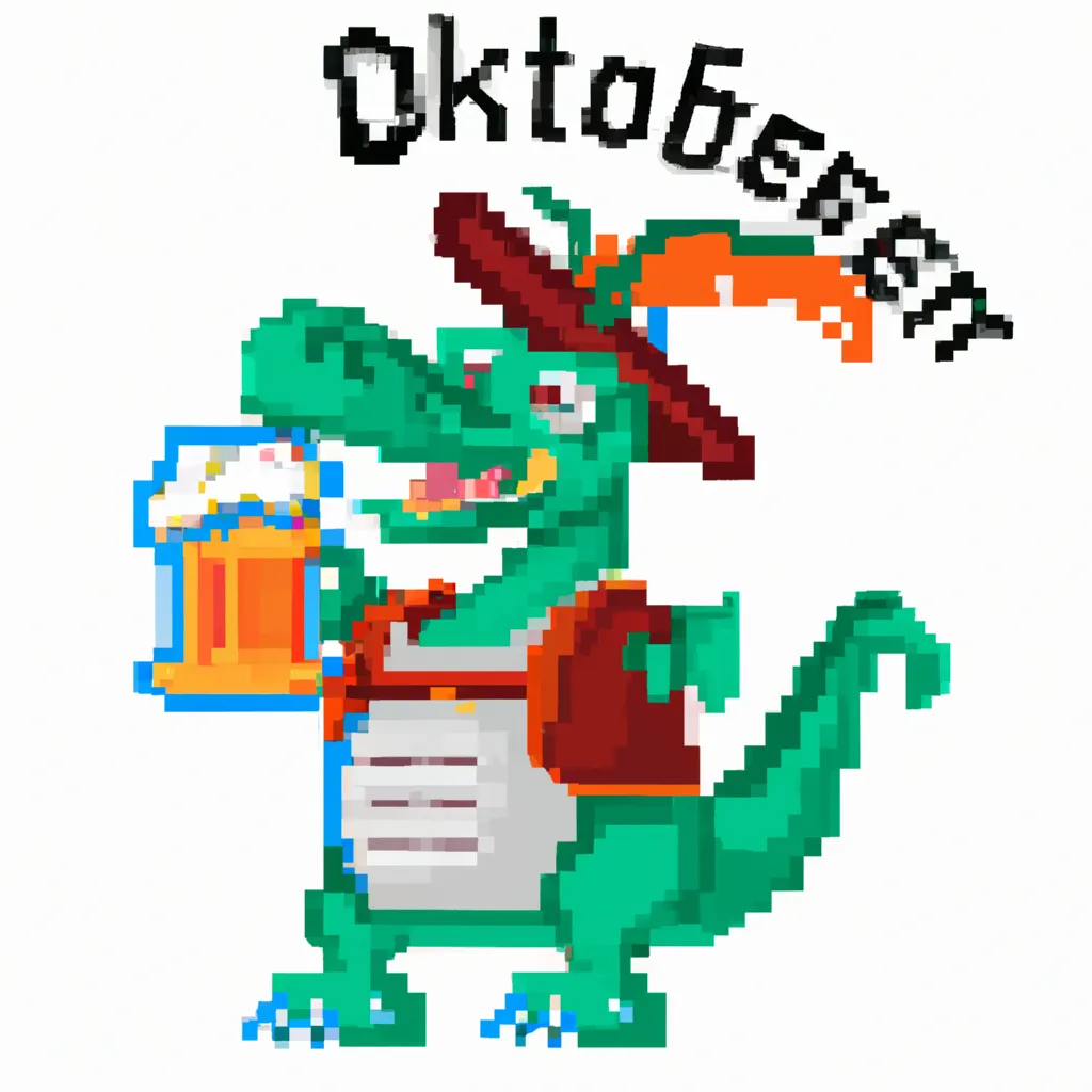 Prompt: Pixel art of A happy dragon with a German Oktoberfest hat and an overflowing tankard