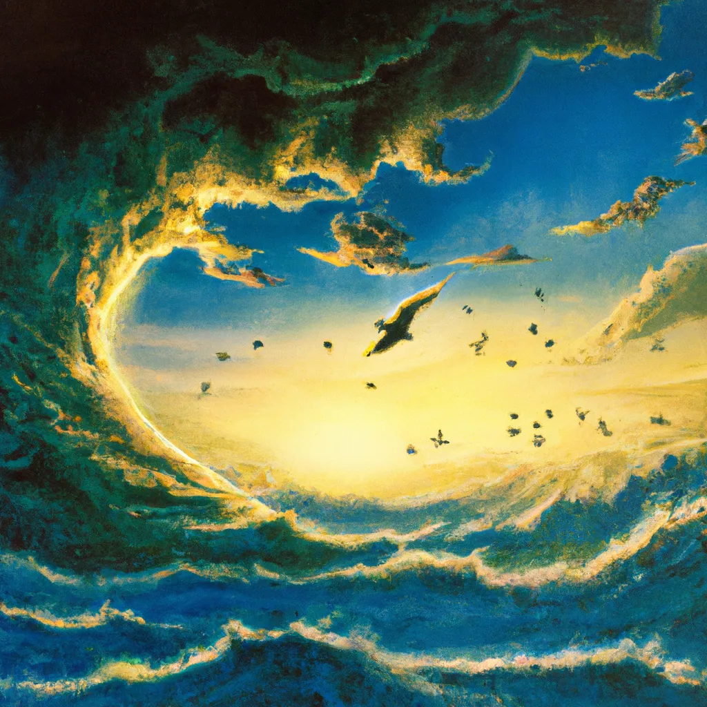 Prompt: a painting of birds flying over a body of water, a surrealist painting, deviantart, american scene painting, twisted ivy vines, at the time of dinosaurs, michael page, black hole rising above city, on the coast, trending on artforum, unique environment, giant waves, sunset, scp-914, puerto rico, nest