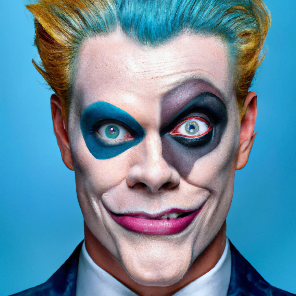 Prompt: Photorealistic portrait of a scary contorted face make up of comic book character joker of Gotham, gorgeous symmetrical blue eyes, dark blonde hair, muscular, even skintone, facial asymmetry, rosy cheek, soft lighting, cold lighting, fine-arts photography, award-winning photo, by Martin Schoeller 8k high definition
