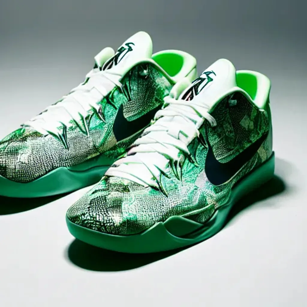 Prompt: a studio photoshoot of a Nike Kobe 6 sneaker designed by Virgil Abloh, green and white, air technology, geometric, snake skin material, realistic, color film photography by Tlyer Mitchell, 35 mm, graflex