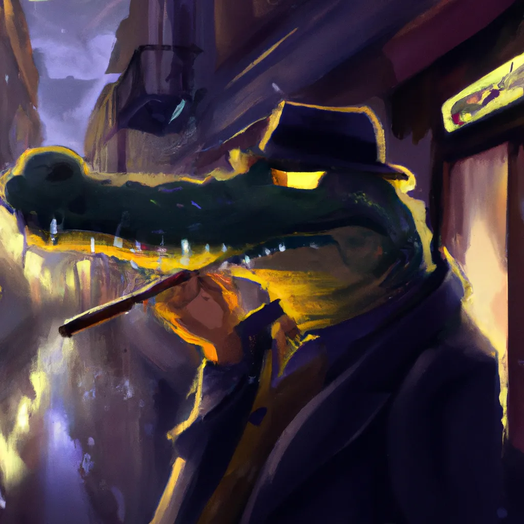 Prompt: A beautiful painting of an anthropomorphic crocodile detective, smoking a cigarette on the street in a rainy night, noir, digital art