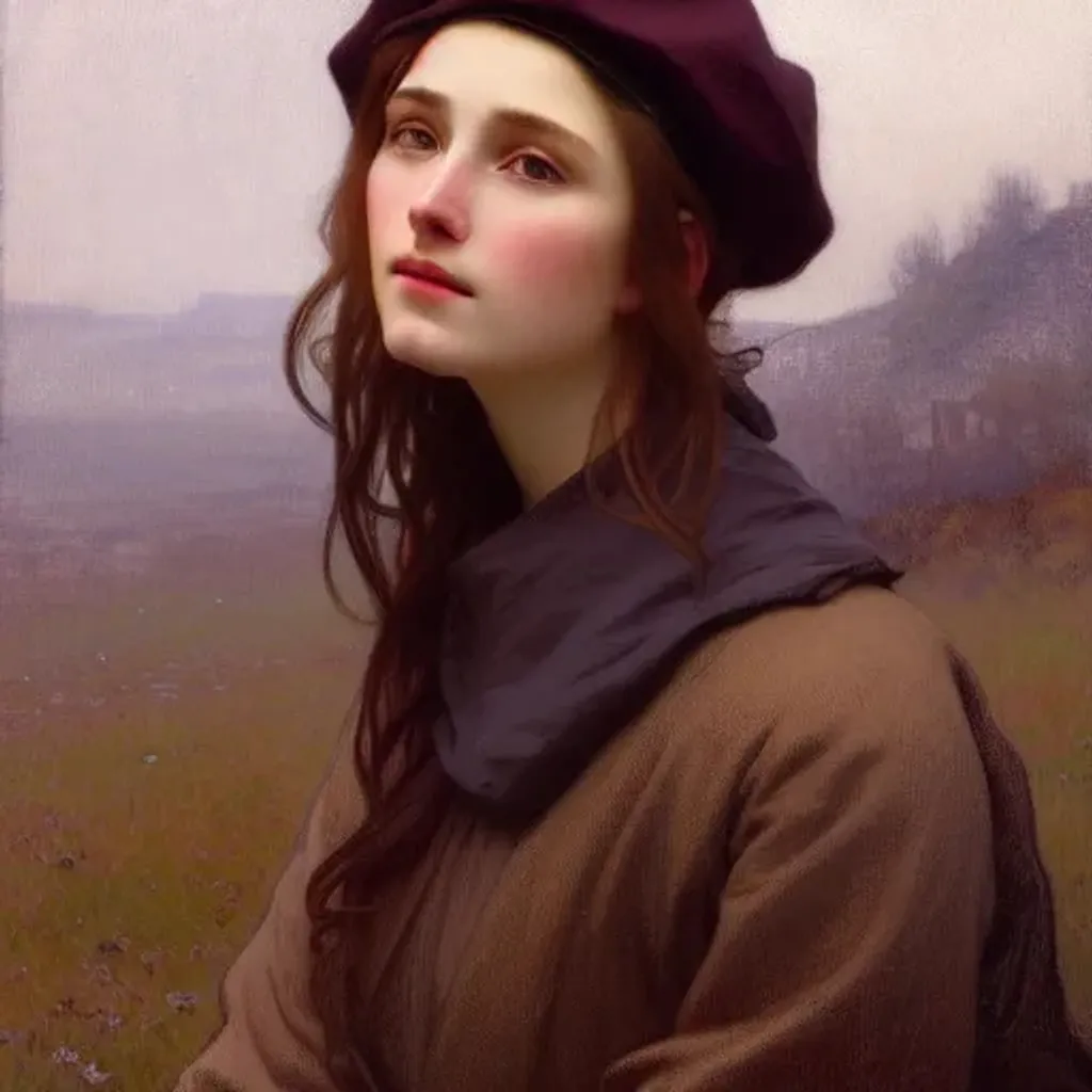 Prompt: masterpiece, best quality, detailed realistic face, girl in a foggy town wearing autumn clothes and beret, art by Jeremy Lipking and Alphonse Mucha, HQ