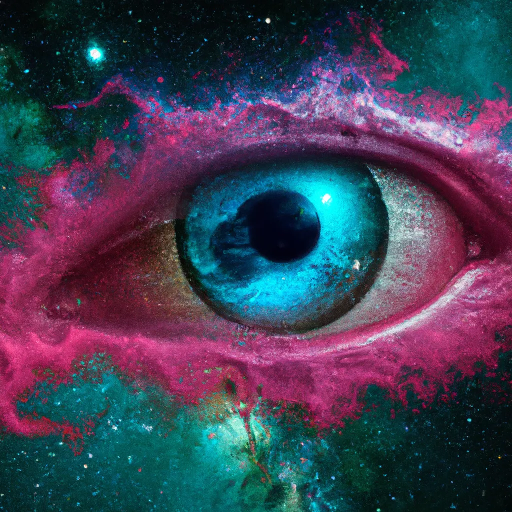 Prompt: hyperrealistic eye made of pink and teal galaxies, stars, nebula, in the style of futurism, futurism eye art, rich deep colors, professional composition, award-winning matte painting, 32k poster art, HSV, shot on a Nikon Z9, bokeh effect, magical lighting