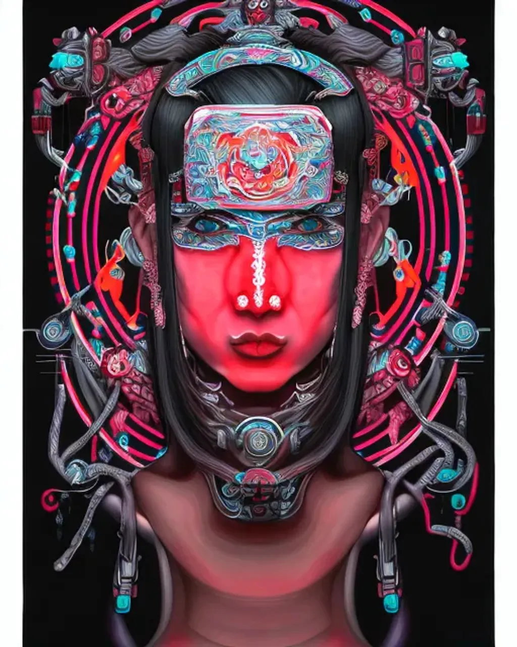 Prompt: portrait of a chinese cyberpunk machine, machine face, arms, upper half portrait, decorated with chinese opera motifs, regal, asian, fine china, wuxia, traditional chinese art intricate intense elegant 京 剧 highly detailed digital painting artstation concept art smooth sharp focus illustration, art by artgerm and greg rutkowski alphonse mucha 8 k 