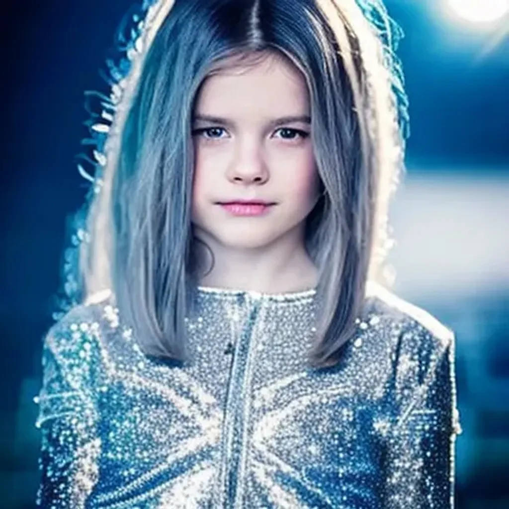 Prompt: cute beautiful child girl with {dark hair} from another civilization and race, dressed in beautiful soft transparent silver clothing with geometric symbols, White eyes, {{{dark hair}}}, closeup portrait with soft light bokeh, standing on the spaceship, beautiful intricate {soft hair}, anime wide blue eyes, natural color of lips, symmetrical face, soft lighting, {deep blue eyes with ultra details}, {deep blue eyes with light reflections}, A very small mouth, a kind smile, a sparkle in the eyes, {{{ultra high blue eyes render details}}}, ultra-realistic, {smooth soft skin}, sharp eyes, cute smile, {eyes with reflection}, bright soft light from the behind, {5 fingers with ultra high details and render quality}, Multidimensional reality, parallel world