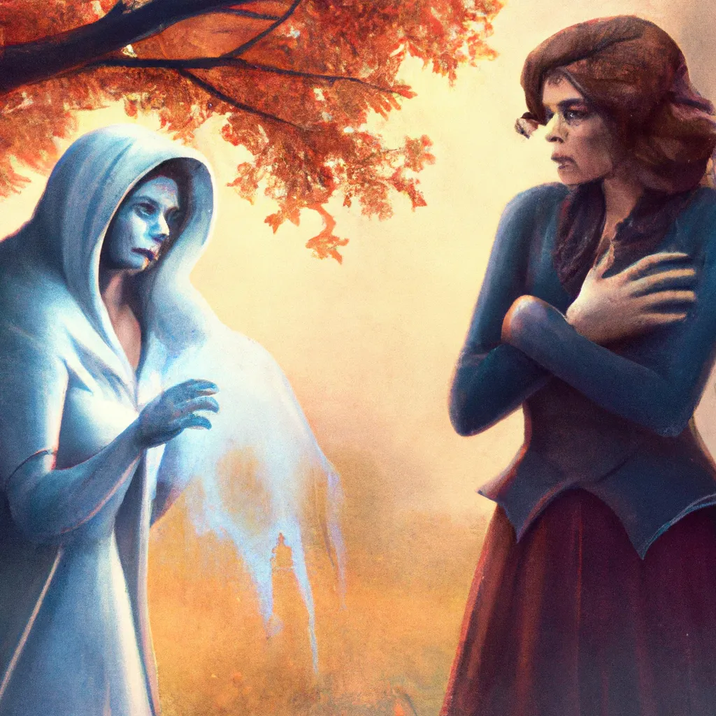 Prompt: Detailed intricate hyper realistic ultra realistic expressive surrealism sharp clear digital airbrush by Anna Dittmann, Tom Bagshaw, Gil Elvgren. Movie still of a Shadow Ghost soul crying in an argument with a friend while holding a broken heart in her hand in a autumn landscape. Ghosts, souls, dreams, spectres, letters, tears, anger, sadness, loneliness 