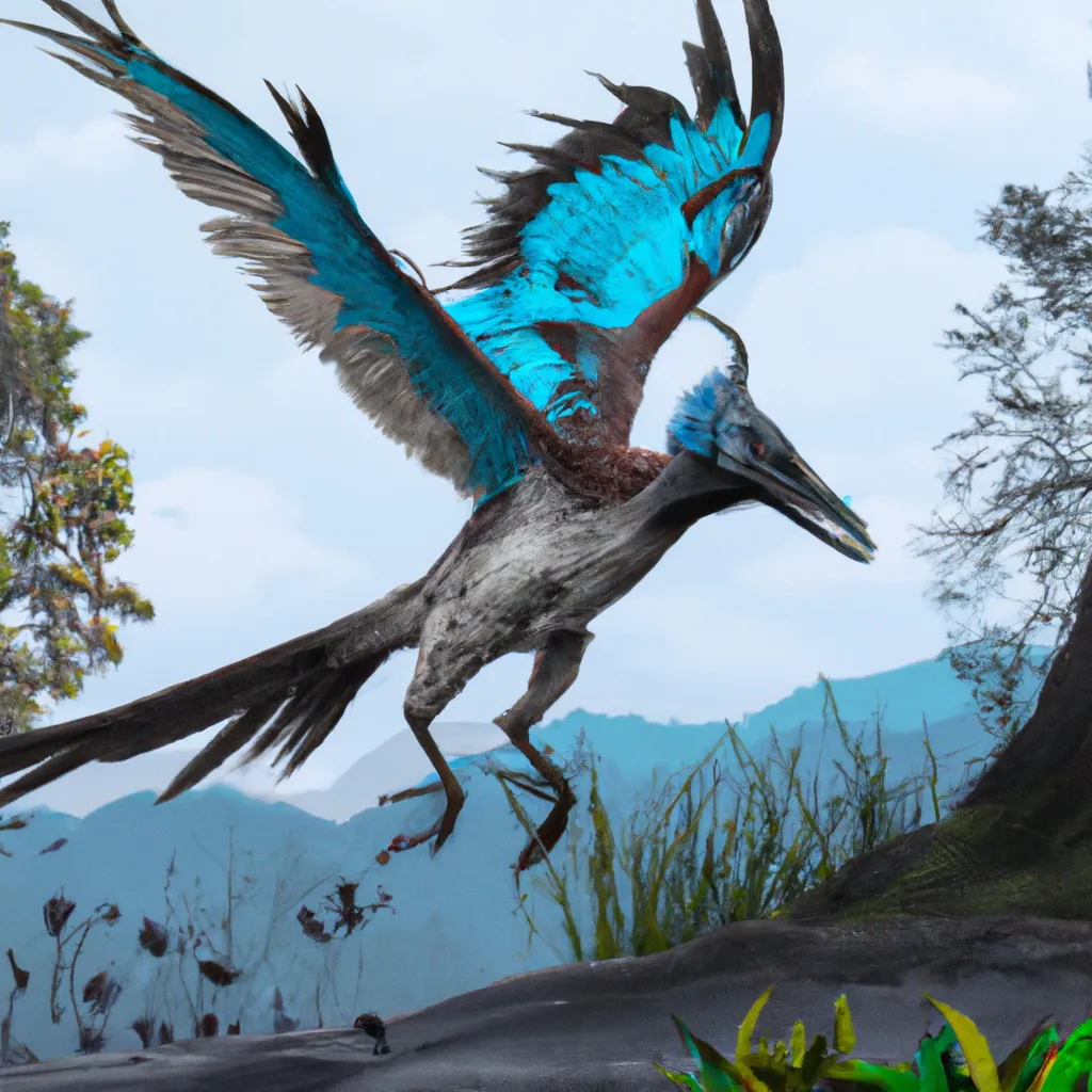 Prompt: The giant Archaeopteryx Corvid Steller's Jay chimera from the pre-historic era. flying dinosaur is in its habitat. Full shot, Long shot, speculative evolution. Highly realistic accurate anatomical illustration, transitional features with birds, amazing colors and patterns on its feathers, hyperrealistic , amazing lighting