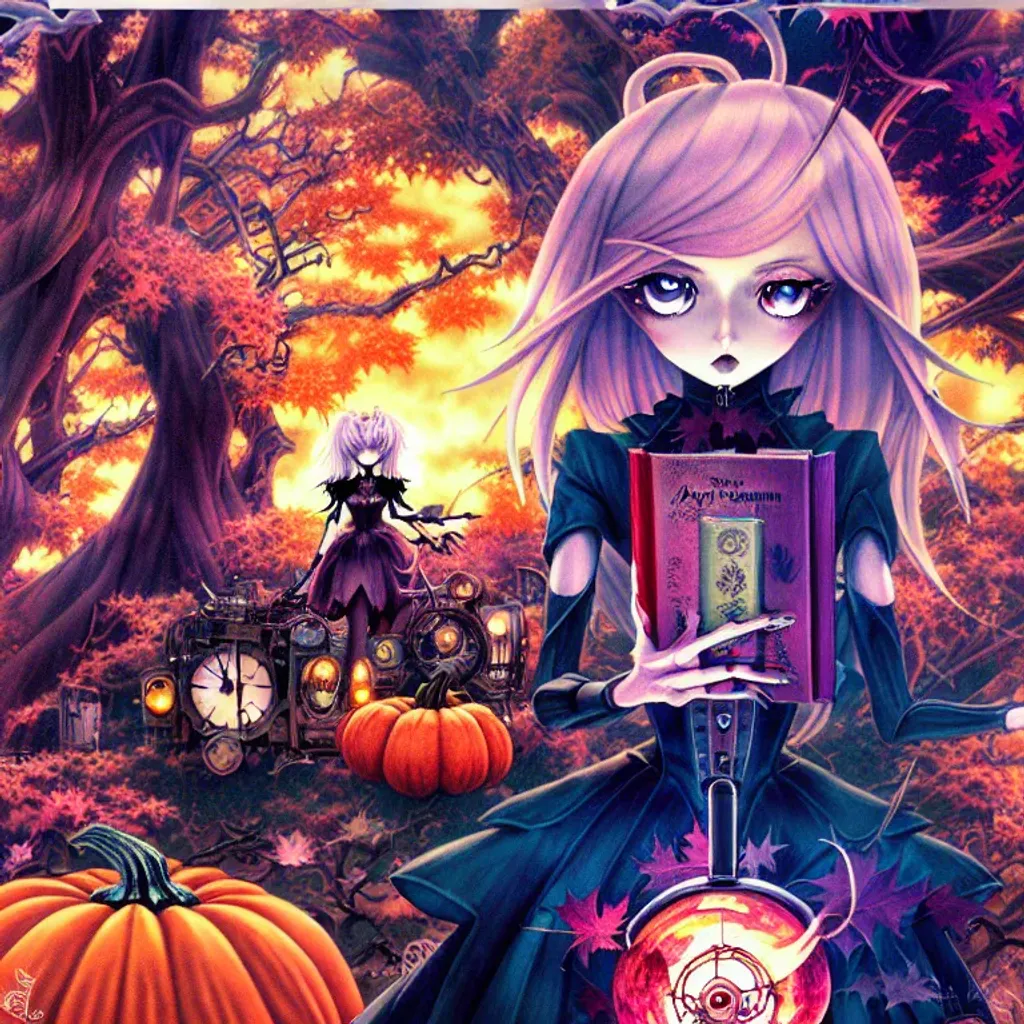 Prompt: Detailed sharp Cartoon anime manga cover by Anna Dittmann, tim Burton, Gil Elvgren. Autumn landscape with A Scary Haunted Horror spooky ghost woman and a supernova steampunk computer screens robot woman. Desire love ghosts friendship blessings femininity pumpkins lillies magic.  holding a magic book