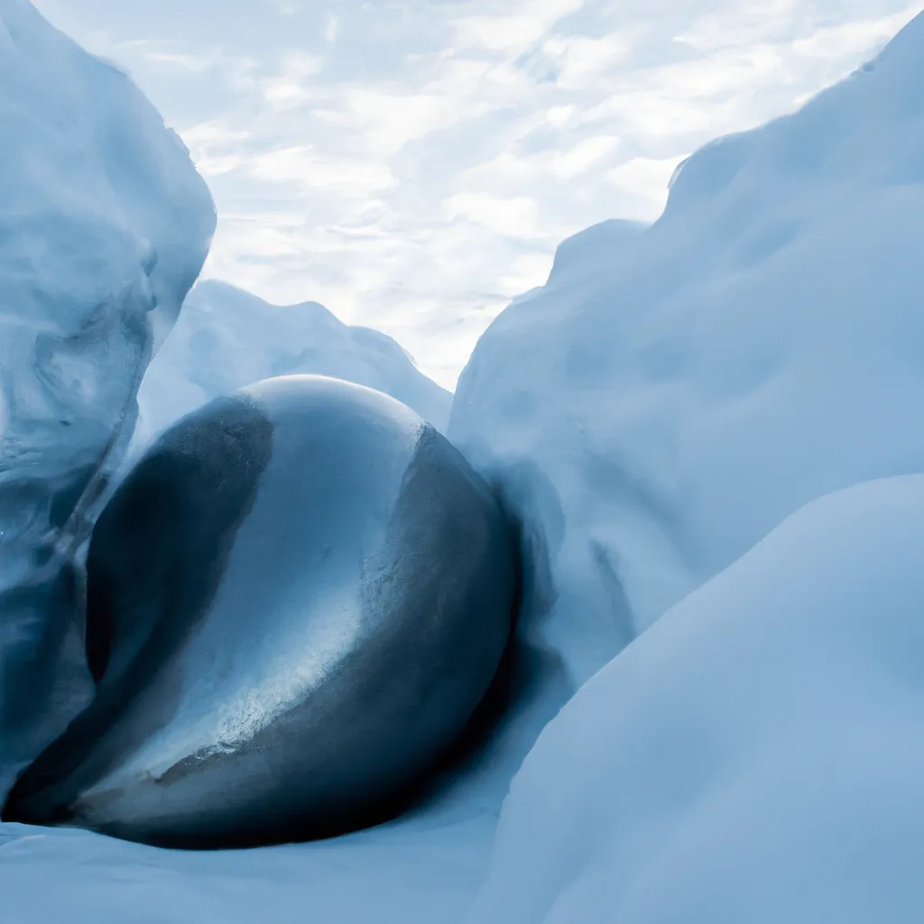 Prompt: giant metal bean in the middle of an iceberg