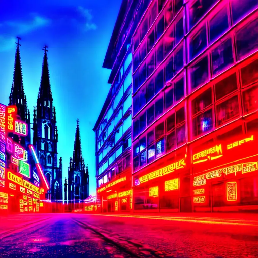 Prompt: Cyberpunk, city plaza, neon signs, neon lights, giant flatscreens with graphics, medieval German architecture, German gothic church, German timber frame buildings, cobblestone streets, broad light, wide angle, over the shoulder point of view, futuristic German city, bloom lighting effect, highly detailed, picturesque, romantic, vivid colors, European city