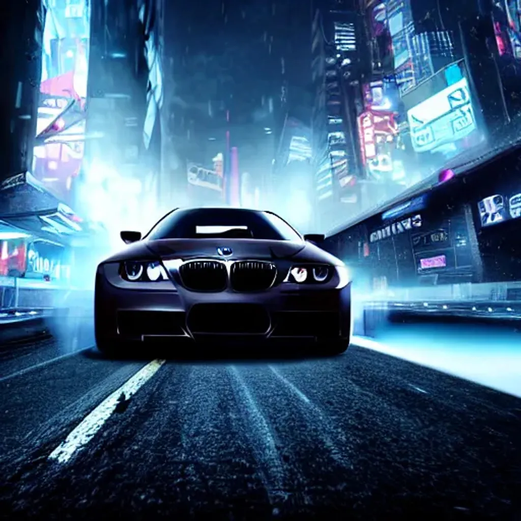 Prompt: a BMW e92 in motion (((at night))), high speed movie action scene, (((Need for Speed))), illegal racing game, ((cityscape in background)), ((detailed stunning environment)), (foggy), moody dark atmosphere, bright headlights, neon underground aesthetics, (scifi), cyberpunk, blade runner, cinematic, cover art, (low front angle), full view of a sports car, [[[wallpaper]]], intricate, highly detailed, digital painting, digital art, artstation, concept art, smooth, sharp focus, illustration, affinity photo, behance