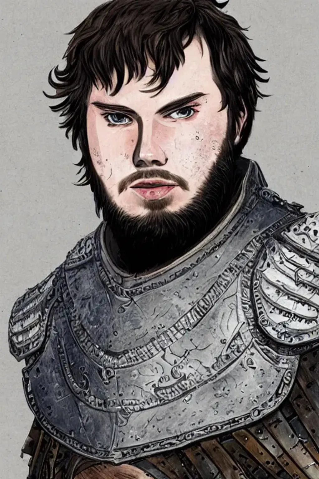 Prompt: Samwell Tarly, detailed wispy beard, wearing leather armour, ruins, symmetrical, highly detailed, digital art, sharp focus, trending on art station, kentaro miura anime art style