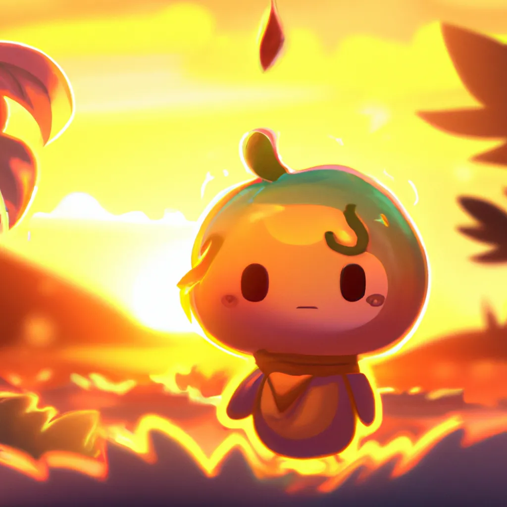 Prompt: A chibi lemon character in a beautiful landscape, Bokeh, golden hour, digital Art, Greg rutkowski, Trending artstation, cinematic