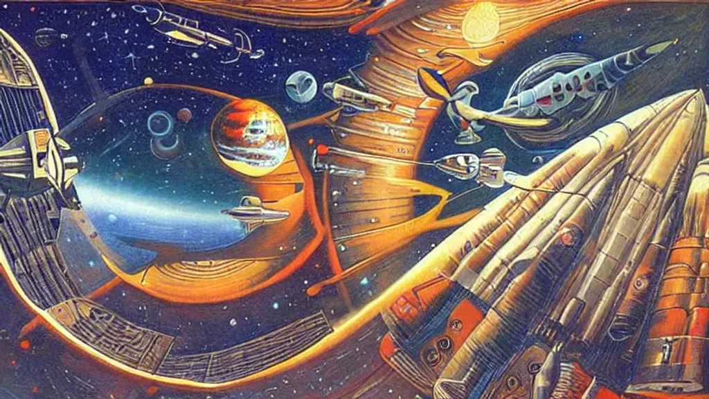 Prompt: Spaceship in outer space by Johfra Bosschart