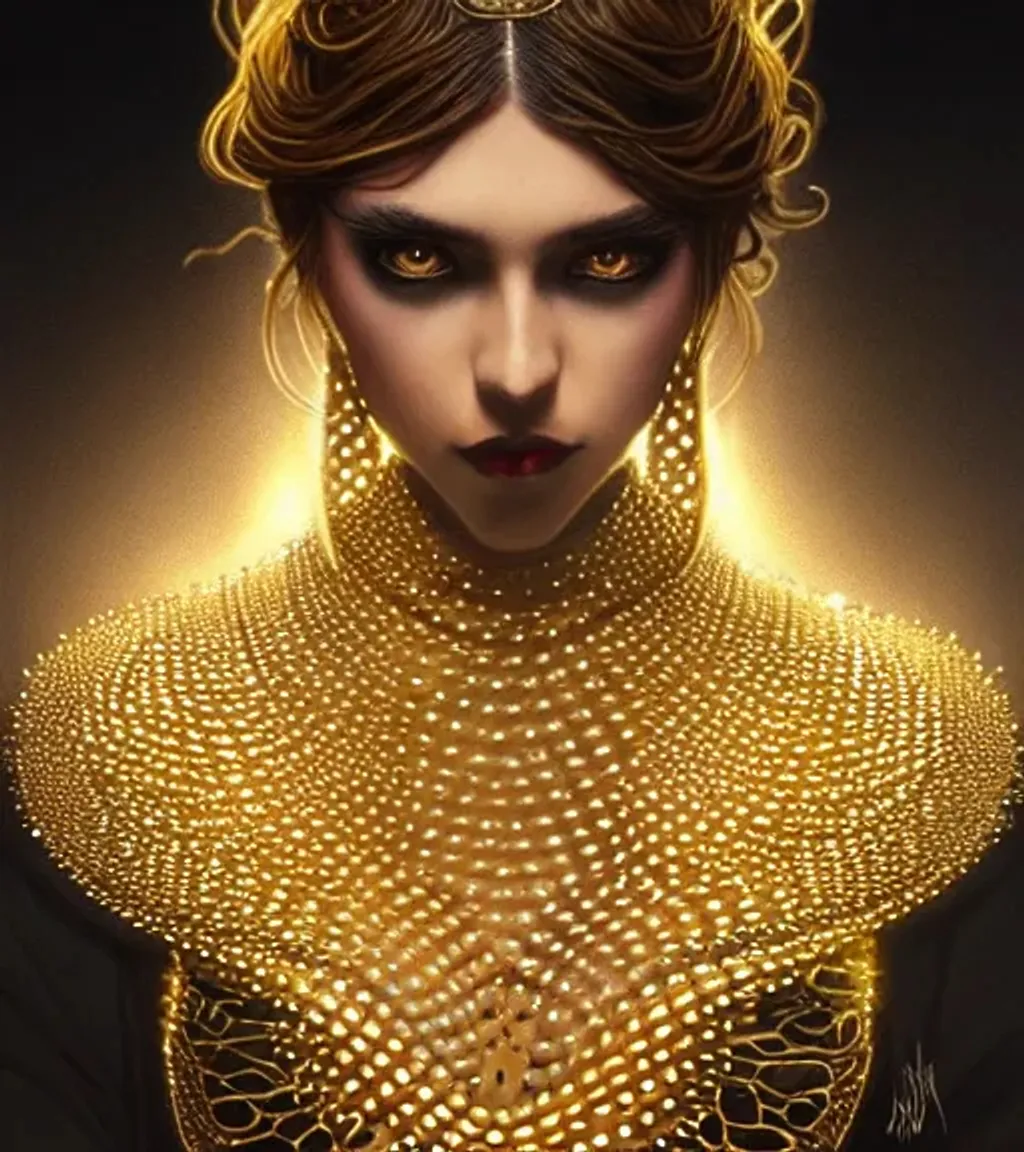 Prompt: dress made out of spiked golden chains. bound by black chains, golden collar, golden eyes, fantasy, dancing, intricate, dramatic, digital painting, artstation, smooth, sharp focus, illustration, art by artgerm and greg rutkowski and alphonse mucha