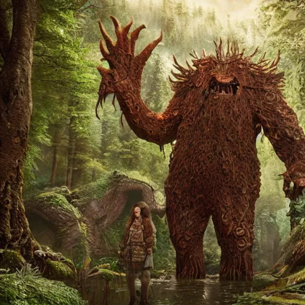 Prompt: Villagers and (((a gigantic forest monster))), middle earth, intricate, highly detailed, character photography, incredible colored illustration, exquisite detail, octane render, 8k, unreal engine 5, post-processing