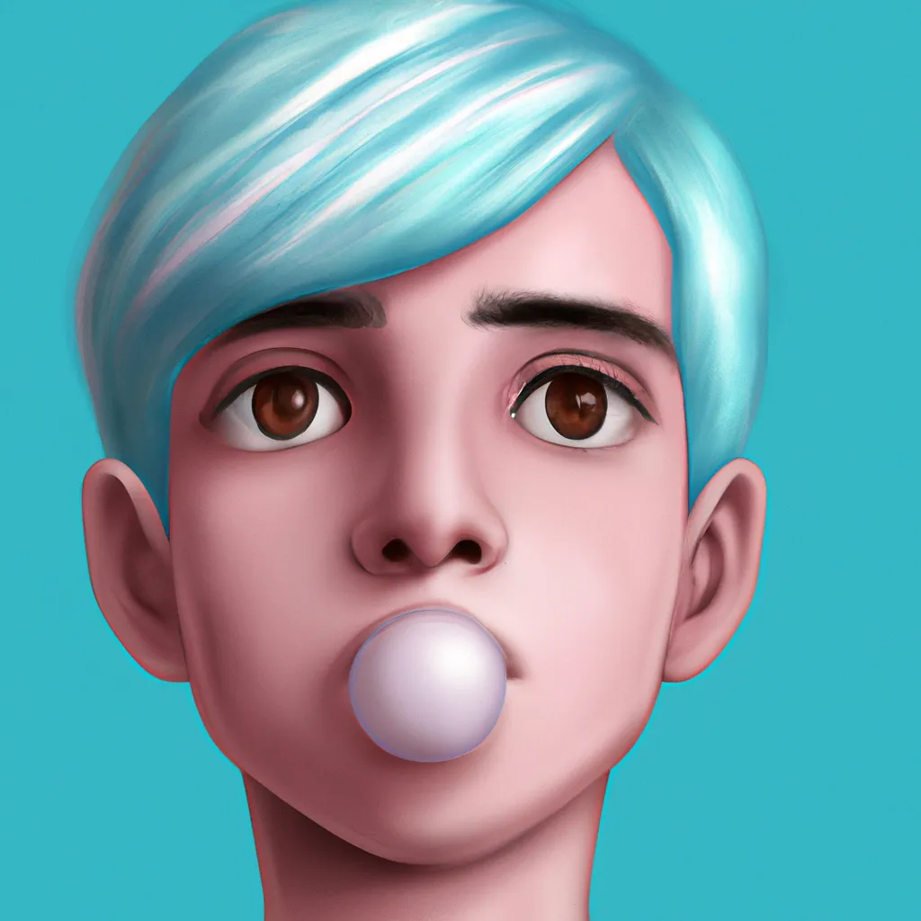 Prompt: Portrait of boy with bubble gum blue hair and with cute face, hyperrealistic, super detailed, 8k, high quality, trending art, blue background 