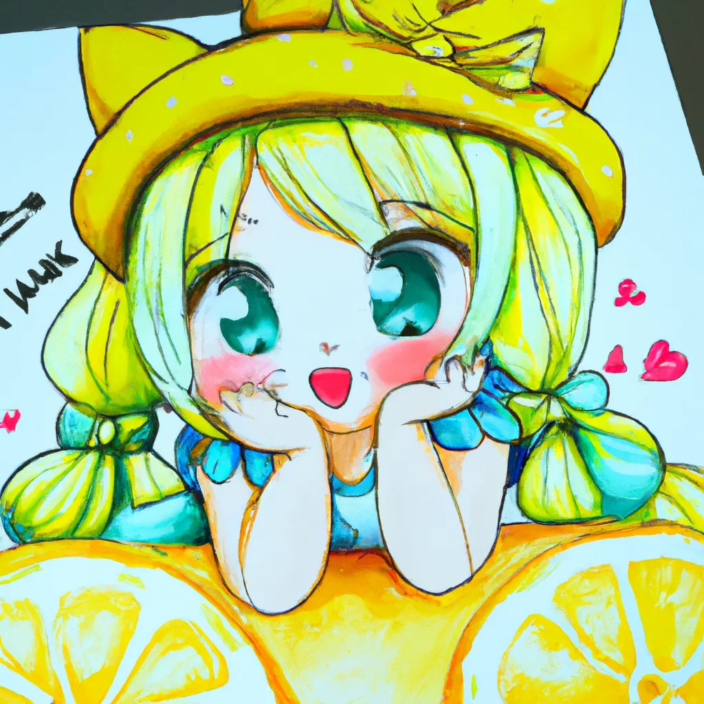 Prompt: Cute anime Hatsune Miku  lemon cat girl  with kawaii face wearing a love lemon dress with lemon berets is painting  me on a painting board 