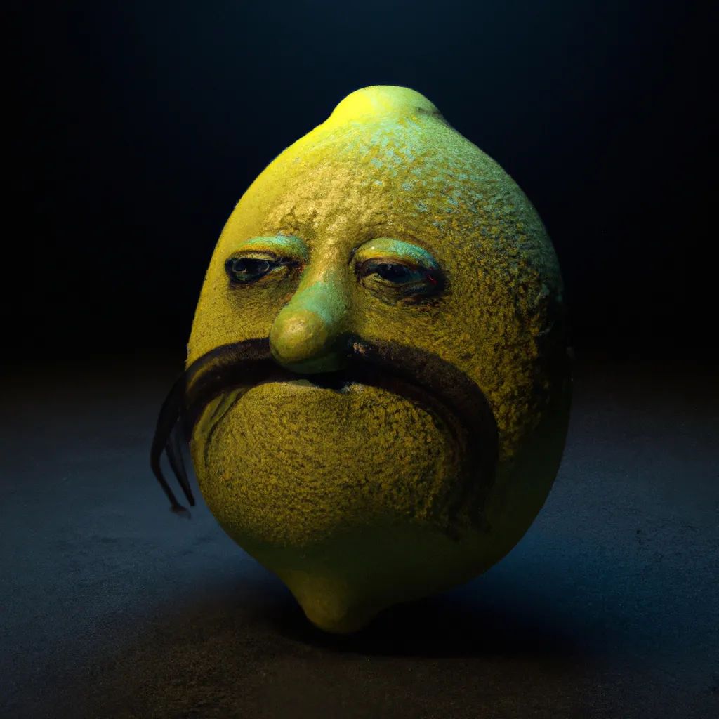 Prompt: A creepy crying lemon with long mustache, dark atmosphere background, portrait, 3D render, realistic, surface details, intricate details, hard lighting, dark mode, 8k, unreal engine